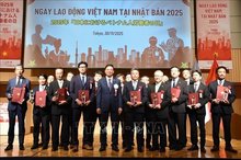 Vietnamese Ambassador to Japan Pham Quang Hieu presents certificates of commendation to 26 outstanding workers and interns, and representatives from 17 host companies, and six trade unions, at the event (Photo: VNA)