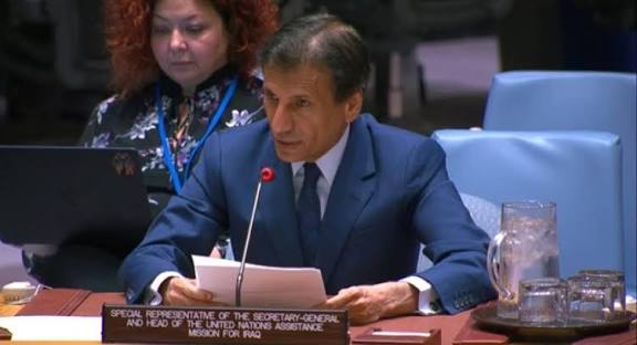 The UN representative in Iraq, Mohammed Al-Hassan briefs the Security Council