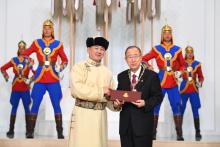 President Khurelsukh Confers the State Supreme Decoration of Mongolia, Order of Chinggis Khaan, to 8th UN Secretary-General Ban Ki-Moon