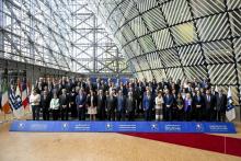 The participants of the eighth Brussels Conference on "Supporting the future of Syria and the region" pose for photo in Brussels, Belgium, on May 27, 2024, in this photo provided by Seoul's foreign ministry. (PHOTO NOT FOR SALE) (Yonhap)