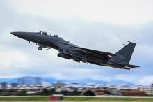 An F-15K fighter jet of the 11th Fighter Wing takes off at an unspecified runway on Aug. 20, 2024, in this photo provided by the Air Force. (PHOTO NOT FOR SALE) (Yonhap)