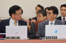 Bank of Korea Gov. Rhee Chang-yong (R) speaks with Finance Minister Choi Sang-mok during a parliamentary audit session at the National Assembly in Seoul on Oct. 29, 2024. (Yonhap)