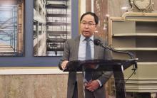 Sen. Andy Kim (D-NJ) speaks during a press conference at the Capitol in Washington on Jan. 8, 2025. (Yonhap)