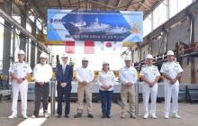 This photo provided by HD Hyundai Heavy Industries Co. on Jan. 12, 2025, shows the groundbreaking ceremony of the Korean company's joint project with SIMA Peru S.A. to build four warships for the Peruvian Navy, held at SIMA's shipyard. (PHOTO NOT FOR SALE) (Yonhap)