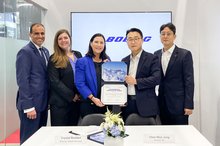 This photo, provided by Korean Air Co. on Sept. 17, 2025, shows representatives of the South Korean airline and Boeing Co. at a recent signing ceremony in Singapore for a strategic partnership in predictive maintenance. (PHOTO NOT FOR SALE) (Yonhap)