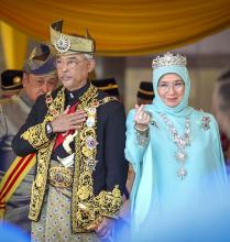  Al-Sultan Abdullah Ri'ayatuddin Al-Mustafa Billah Shah with Her Majesty the Queen Tunku Azizah Aminah Maimunah Iskandaria at the Return Ceremony of the 16th Yang di-Pertuan Agong at Bunga Raya Complex, Kuala Lumpur International Airport (KLIA), on Tuesday.