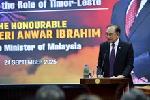 Prime Minister Anwar Ibrahim delivers the presidential lecture before receiving the highest award, the Grand Collar of the Order of Timor-Leste, presented by the President of Timor-Leste, José Manuel Ramos-Horta, at the Presidential Palace