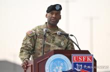 This photo, released by EPA, shows Gen. Xavier Brunson speaking during a change-of-command ceremony for United Nations Command, Combined Forces Command and United States Forces Korea at Camp Humphreys in Pyeongtaek, South Korea on Dec. 20, 2024. (Pool photo) (Yonhap)