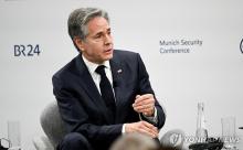 This photo, published by Reuters, shows U.S. Secretary of State Antony Blinken taking part in a panel discussion at the Munich Security Conference (MSC) in Munich, southern Germany, on Feb. 17, 2024. (Pool photo) (Yonhap)