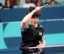 Kim Gi-tae of South Korea plays a shot against Chen Po Yen of Chinese Taipei in the final of the men's singles (MS11 classification) table tennis event at the Paris Paralympics at South Paris Arena 4 in Paris on Sept. 5, 2024, in this photo provided by the Korea Paralympic Committee. (PHOTO NOT FOR SALE) (Yonhap)