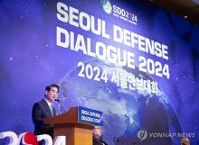 Defense Minister Kim Yong-hyun speaks during the Seoul Defense Dialogue in central Seoul on Sept. 11, 2024, in this photo provided by his office. (PHOTO NOT FOR SALE) (Yonhap)