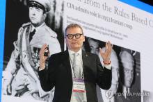 James Robinson, a professor at the Harris School of Public Policy, delivers a lecture at the Pacific Economic Cooperation Council held in Seoul on Aug. 12, 2025, in this photo provided by the Federation of Korea Industries. (PHOTO NOT FOR SALE) (Yonhap)