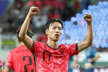 Eom Ji-sung of South Korea celebrates after scoring a goal against Paraguay during the teams' friendly football match at Seoul World Cup Stadium in Seoul on Oct. 14, 2025. (Yonhap)