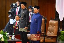  Indonesia's 7th president Joko Widodo (left) and President Prabowo Subianto (right) attend the presidential inauguration ceremony at the Nusantara Building, Parliament Complex, Senayan, Jakarta, on Sunday (October 20, 2024). (ANTARA PHOTO/Rivan Awal L/app/YU/rst)