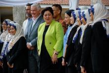 The Governor-General of New Zealand, Dame Cindy Kiro (centre) with students during a visit to Kolej Yayasan Saad (KYS) in Malacca, Malaysia.