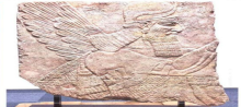 A rare artifact representing an Assyrian tablet, forming the upper part of a (winged genie) that decorated the northwestern palace at the archaeological site of Nimrud. It weighs approximately (333 kilograms), with dimensions (1.16 meters wide and 1.13 meters long), and dates back to between the years (883 and 859 BC).