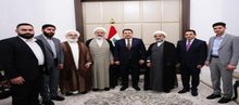 Al-Sudani (center) recieves a delegation from the Shiite Islamic Scholars Authority in Syria, headed by Sheikh Adham al-Khatib