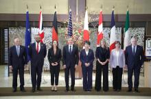 Japanese Foreign Minister Yoko Kamikawa (4th from R) and other participants of a Group of Seven foreign ministerial meeting pose for a photo on Nov. 8, 2023, the second day of their two-day gathering in Tokyo. (Pool photo)(Kyodo)