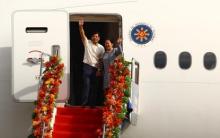 OFF TO EUROPE. President Ferdinand R. Marcos Jr. and First Lady Liza Araneta-Marcos wave to the crowd as they depart from Villamor Air Base in Pasay City on Monday (March 11, 2024) for official trips to Germany and the Czech Republic. The President will be on a working trip to Germany until March 13, and a state visit to the Czech Republic on March 14 and 15, upon the invitation of his counterparts. (PNA photo by Joan Bondoc)