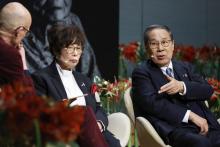 Keiko Ogura (C) and Masao Tomonaga (R), survivors of the 1945 U.S. atomic bombings of Hiroshima and Nagasaki, respectively, attend the Nobel Peace Prize Forum in Oslo on Dec. 11, 2024, a day after Nihon Hidankyo, Japan's leading group of atomic bomb survivors, was awarded the 2024 Nobel Peace Prize. (Kyodo)