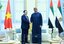 Prime Minister Pham Minh Chinh (L) shakes hands with President of the UAE Mohamed bin Zayed Al Nahyan. (Photo: VNA)