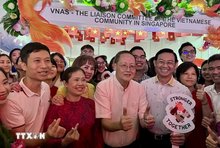 Singapore Minister for Manpower Tan See Leng (center) at the Vietnamese community booth. (Photo: Singapore Minister for Manpower Tan See Leng (white shirt, center) at the Vietnamese community booth. (Photo: VNA)