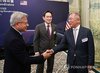 Nvidia CEO Jensen Huang (L) greets Samsung Electronics Chairman Lee Jae-yong (C) and Hyundai Motor Group Executive Chair Euisun Chung in Washington on Aug. 26, 2025. (Yonhap)