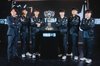 In this photo provided by Riot Games, members of T1, including Faker, or Lee Sang-hyeok (3rd from R), pose with the Summoner's Cup after winning the final of the League of Legends World Championship at the Dong'an Lake Sports Park Multifunctional Gymnasium in Chengdu, China, on Nov. 9, 2025. (PHOTO NOT FOR SALE) (Yonhap)
